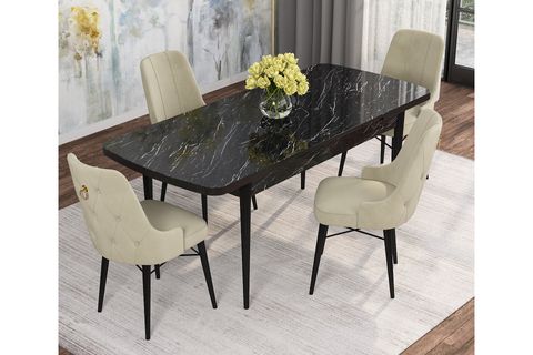 ROVENA MONA AÇILABİLİR MUTFAK MASASI TAKIMI, SİYAH MERMER DESEN, KREM, 132X80