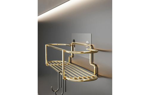 BİNO YAPIŞKANLI KANCALI  BAHARATLIK MUTFAK BANYO RAFI, METAL GOLD