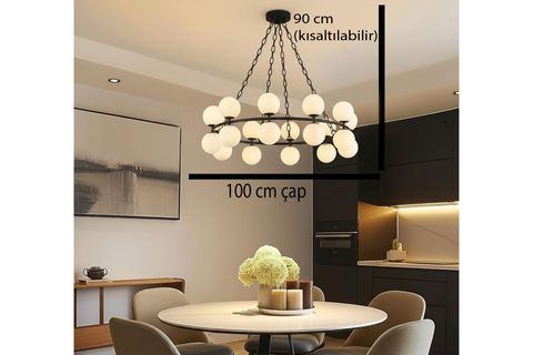 CANSU BEYAZ CAMLI SİYAH KASALI AVİZE, 100 CM