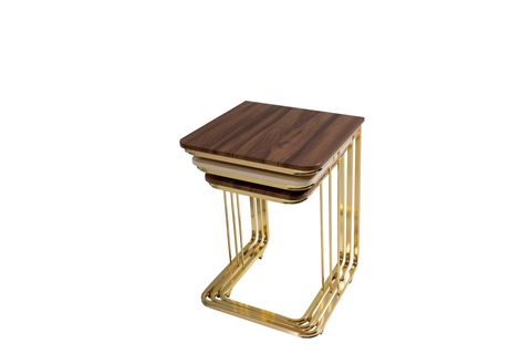 TEKERLEKLİ YAN ZİGON SEHPA, GOLD AYAK, DÖRTLÜ, CEVİZ KREM