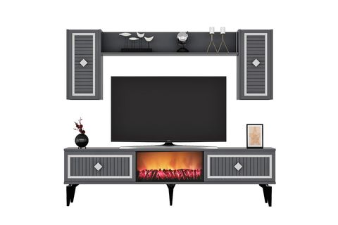 FLAME ŞÖMİNELİ TV ÜNİTESİ TAKIMI, ANTRASİT GÜMÜŞ