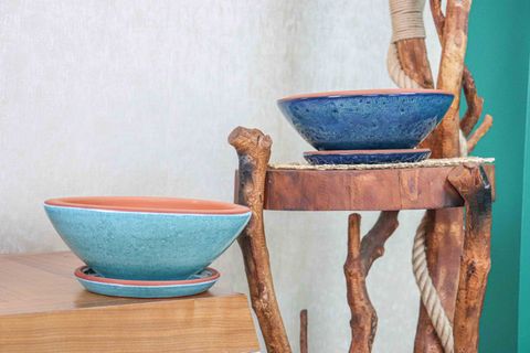 TABAKLI ÇİFT SIRLI TOPRAK TERRAKOTA SAKSI, TURKUAZ OKYANUS MAVİSİ