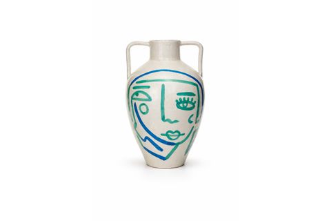 BEYAZ MAVİ TURKUAZ SOYUT YÜZ TERRACOTTA VAZO BOHO