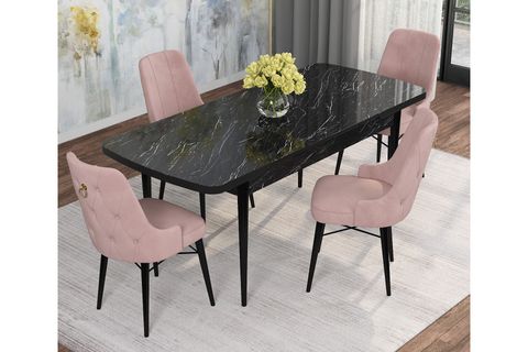 ROVENA MONA AÇILABİLİR MUTFAK MASASI TAKIMI, SİYAH MERMER DESEN, PEMBE, 132X80