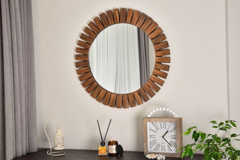 DFN WOOD FLOWER CEVİZ RENGİ AHŞAP YUVARLAK AYNA, 60X60 CM