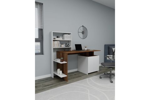 MELİS DOLAPLI RAFLI GENİŞ ÇALIŞMA BİLGİSAYAR MASASI, BEYAZ CEVİZ