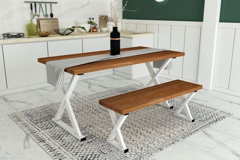 WOODESK ÇINAR MASİF BANKLI YEMEK MASASI TAKIMI, TİK RENK, 180X80, CPT7616-180