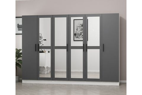 MİNAR KALE 6 KAPAKLI 4 AYNALI 2 ÇEKMECELİ DOLAP BEYAZ ANTRASİT 210CM