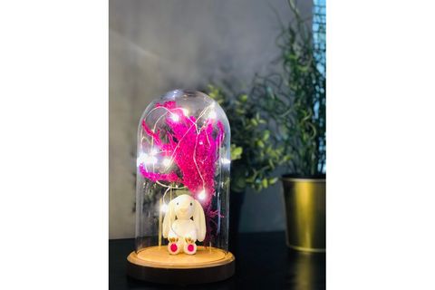IŞIKLI FANUS LAMBA, TAVŞAN VE ÇİÇEK FİGÜRLÜ, PEMBE