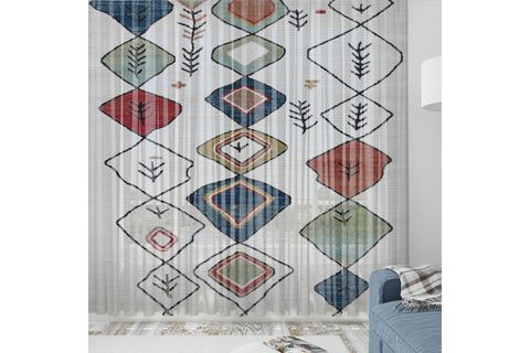 ELSE SARI KIRMIZI ETNİK KUTULAR DESENLİ DEKORATİF MODERN 3D TÜL FON PERDE 140X270