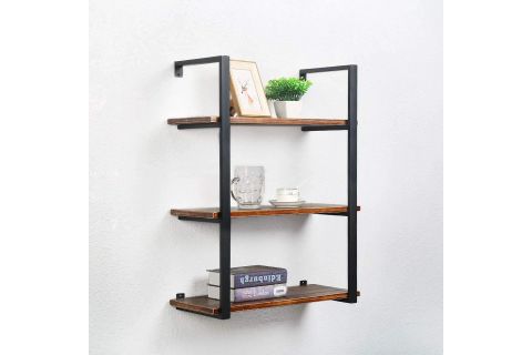 TASNİA SİYAH METAL AHŞAP DUVAR RAFI 60 CM 3 KATLI