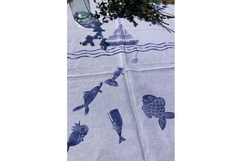 MOİRATELİER EL BASKISI MASA ÖRTÜSÜ, BALIK VE KAYIK