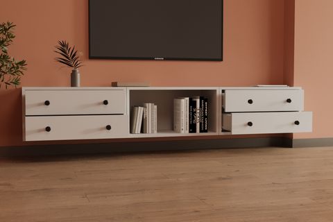 LERON 4 ÇEKMECELİ YÜZER TV ÜNİTESİ SİMETRİK AÇIK RAFLI MODERN SALON DOLABI MST TVT 1047