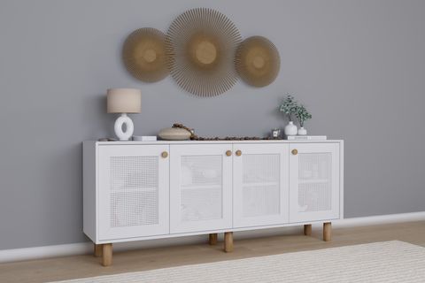 BOHEM SERİSİ NATURA PVC HASIR DESEN KONSOL, MAT BEYAZ, 4 KAPAKLI