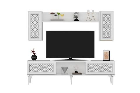 HERRY TV ÜNİTESİ, 4 KAPAKLI 2 RAFLI, BEYAZ GÜMÜŞ