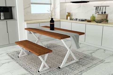 WOODESK ÇINAR MASİF BANKLI YEMEK MASASI TAKIMI, TİK RENK, 180X80, CPT7616-180