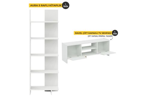 MONİ TV ÜNİTESİ VE KİTAPLIK SETİ, BEYAZ