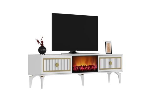 FLAME ŞÖMİNELİ TV SEHPASI, BEYAZ ALTIN