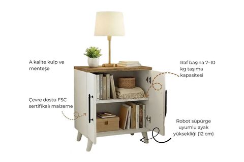 LUMEN RAFLI KLASİK KOMODİN, ÇAM BEYAZ, 2 KAPAKLI