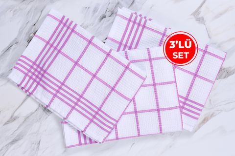 WAFFLE DESEN ÜÇLÜ PEMBE MUTFAK KURULAMA BEZİ, 50X70CM