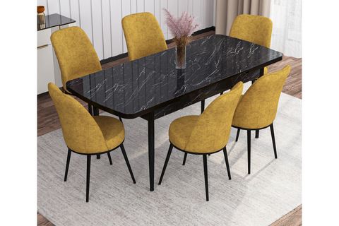 ROVENA LEONA AÇILABİLİR MUTFAK MASASI TAKIMI, SİYAH MERMER DESEN, HARDAL, 132X80