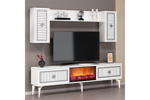 FLAME ŞÖMİNELİ TV ÜNİTESİ TAKIMI, BEYAZ GÜMÜŞ