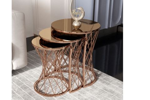 TUBİHOME HASIR C SEHPA TAKIMI, BAKIR AYAK BRONZ CAM