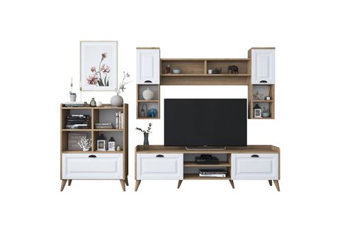 RANİ DUVARA MONTE TV ÜNİTESİ AA101, DUVAR RAFLI KİTAPLIKLI, CEVİZ BEYAZ