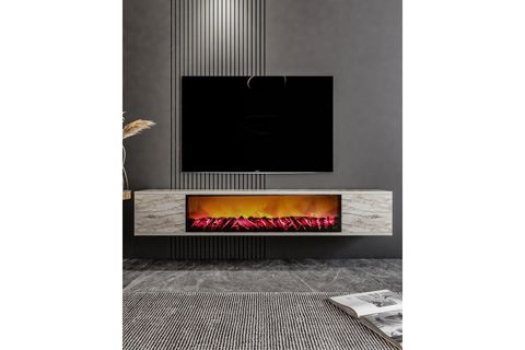 PARLA ŞÖMİNELİ DUVARA MONTAJ TV SEHPASI, EFESMERMER, 150 CM