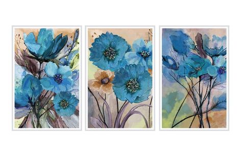 BLUE FLOWERS POSTER TABLO SETİ, ÇERÇEVELİ, 33X48