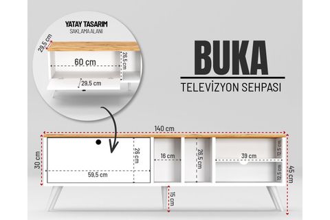BUKA GENİŞ TEK KAPAKLI TV SEHPASI, BEYAZ, 140 CM