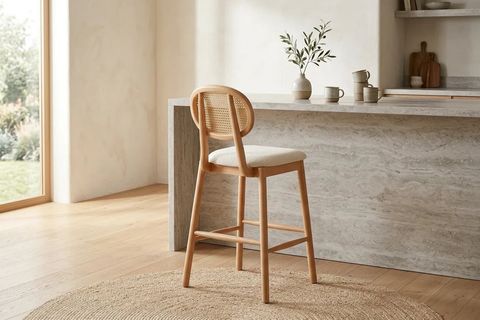 OSLO BAR SANDALYESİ, NATUREL AHŞAP, KREM KUMAŞ
