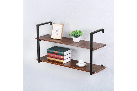 TASNİA SİYAH METAL AHŞAP DUVAR RAFI 90 CM 2 KATLI