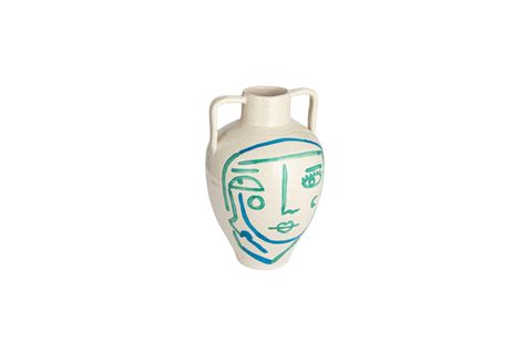 BEYAZ MAVİ TURKUAZ SOYUT YÜZ TERRACOTTA VAZO BOHO