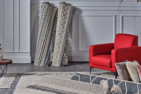 GÜMÜŞSUYU DECO DELTA MAVİ-KREM+ EKRU DEKORATİF ETNİK MODERN İSKANDİNAV DESENLİ SAÇAKLI YIKANILABİLİR MAKİNE HALISI KİLİM 75X300