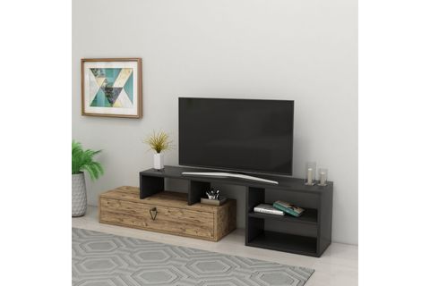 ARNETTİ DURU RAFLI KAPAKLI MODERN TV SEHPASI, CEVİZ ANTRASİT - DURU