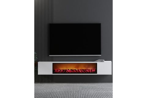 PARLA ŞÖMİNELİ DUVARA MONTAJ TV SEHPASI, BEYAZ, 150 CM