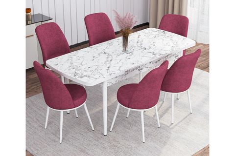 ROVENA LEONA AÇILABİLİR MUTFAK MASASI TAKIMI, BEYAZ MERMER DESEN, BORDO, 132X80