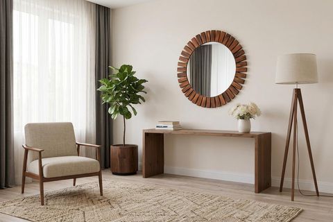 DFN WOOD FLOWER CEVİZ RENGİ AHŞAP YUVARLAK AYNA, 50X50 CM