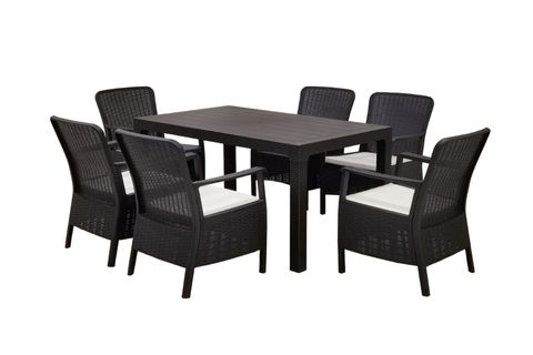 ARIZONA 90X150 CAMSIZ MASA VE ORLANDO RATTAN PLASTİK BAHÇE OTURMA TAKIMI, 6 KİŞİLİK, KAHVE