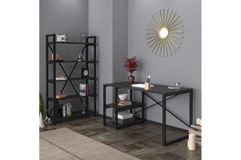 EVDEMO AHENK ÇALIŞMA MASASI VE KİTAPLIK TAKIMI, SİYAH