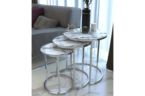 TUBİHOME SEHPA TAKIMI, GÜMÜŞ, BEYAZ MERMER