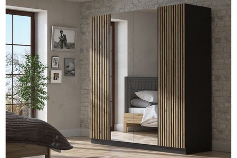 NOVA ZEBRA KAPAK AYNALI GARDIROP, SİYAH ATLANTİK ÇAM, 4 KAPAKLI