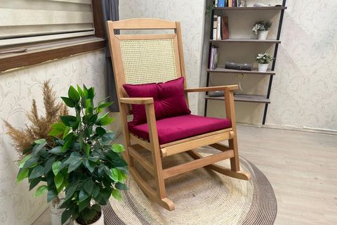 ASEDİA VERANDA HASIRLI MİNDERLİ SALLANAN SANDALYE, FUŞYA, NATUREL AYAK