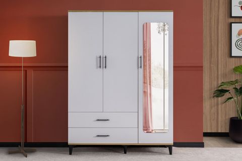 BLESK AYNALI ÇEKMECELİ GARDIROP, CEVİZ BEYAZ, 3 KAPAKLI