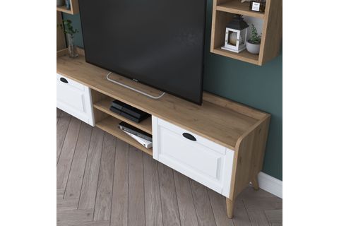 RANİ DUVARA MONTE TV ÜNİTESİ AA101, DUVAR RAFLI KİTAPLIKLI, CEVİZ BEYAZ