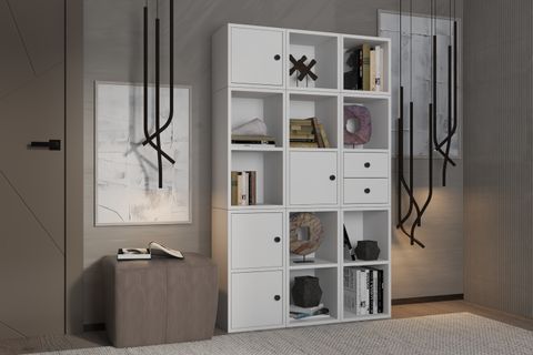 LEKSA 4 KAPAKLI ÇEKMECELİ RAFLI KİTAPLIK 97 CM BEYAZ KTP-1075-Ç
