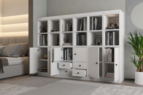 LEKSA 7 KAPAKLI ÇEKMECELİ KİTAPLIK 200 CM BEYAZ KTP-1347-Ç