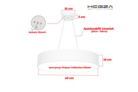 HEGZA LIGHTING DRUM 40CM LED AVİZE, BEYAZ KASA GÜN IŞIĞI