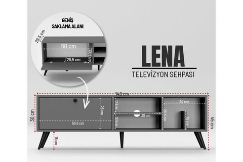 LENA KİTAPLIK BÖLÜMLÜ TV SEHPASI, ANTRASİT, 140 CM